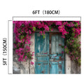 A weathered turquoise door framed by vibrant pink flowers offers a vivid door backdrop perfect for home decor. Dimensions: 6 feet (180 cm) wide and 5 feet (150 cm) tall, the Spring Flowers Old Wood Door Backdrop-ideasbackdrop by ideasbackdrop is an excellent choice.
