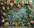 A rectangular frame adorned with an abundance of pink and orange roses and green foliage. The center is empty, showcasing a dark green textured background, creating a stunning Outdoor Grass Wedding Floral Backdrop - ideasbackdrop that exudes natural elegance.