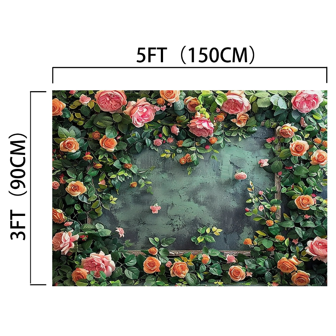 A 5ft by 3ft (150cm by 90cm) Outdoor Grass Wedding Floral Backdrop - ideasbackdrop with pink and orange flowers and green leaves surrounding a central green space, offering natural elegance.