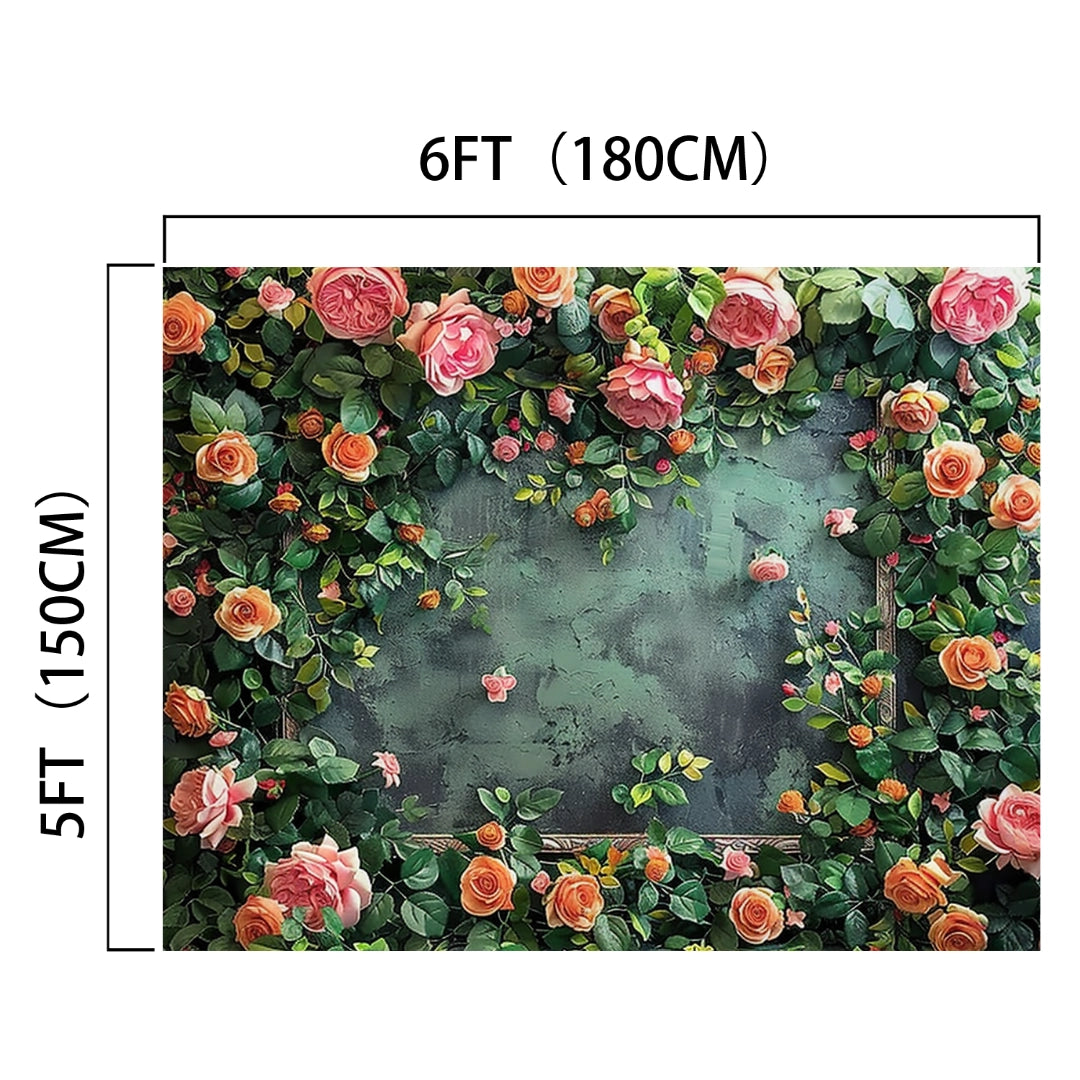 A high-definition quality floral backdrop featuring an array of pink, red, and orange flowers with green leaves, framed within a 6ft (180cm) by 5ft (150cm) dimension: the Outdoor Grass Wedding Floral Backdrop -ideasbackdrop by ideasbackdrop.