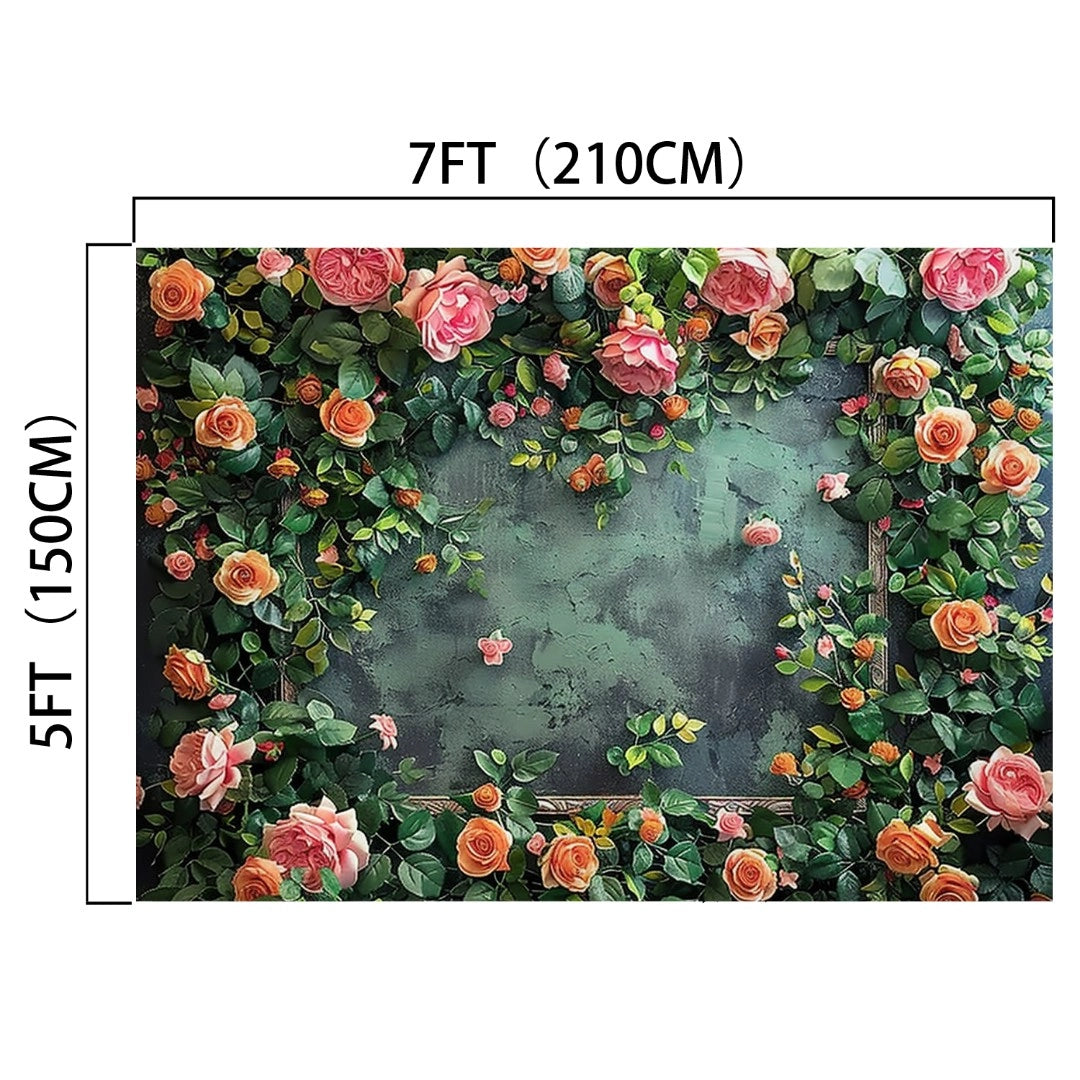 Experience the natural elegance of our Outdoor Grass Wedding Floral Backdrop -ideasbackdrop, featuring pink and peach roses surrounded by lush green foliage. Measuring 7 feet (210 cm) in width and 5 feet (150 cm) in height, this high-definition quality backdrop is perfect for creating a stunning visual impact.