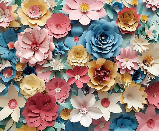 A variety of colorful paper flowers in pink, blue, yellow, and white are arranged closely together. Each flower has distinct petals and textures, creating a vibrant and intricate Paper Background Flower Backdrop for Photography -ideasbackdrop perfect for wedding planners and event organizers looking to add a touch of elegance to their events.