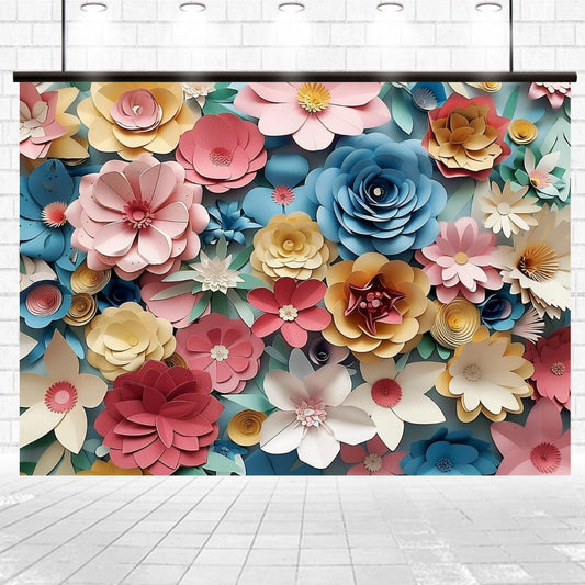 A colorful wall display of large, handcrafted paper flowers in various shapes and colors including pink, blue, yellow, and white, set against a light background. Perfect for wedding planners and event organizers looking to create an enchanting Paper Background Flower Backdrop for Photography -ideasbackdrop by ideasbackdrop.