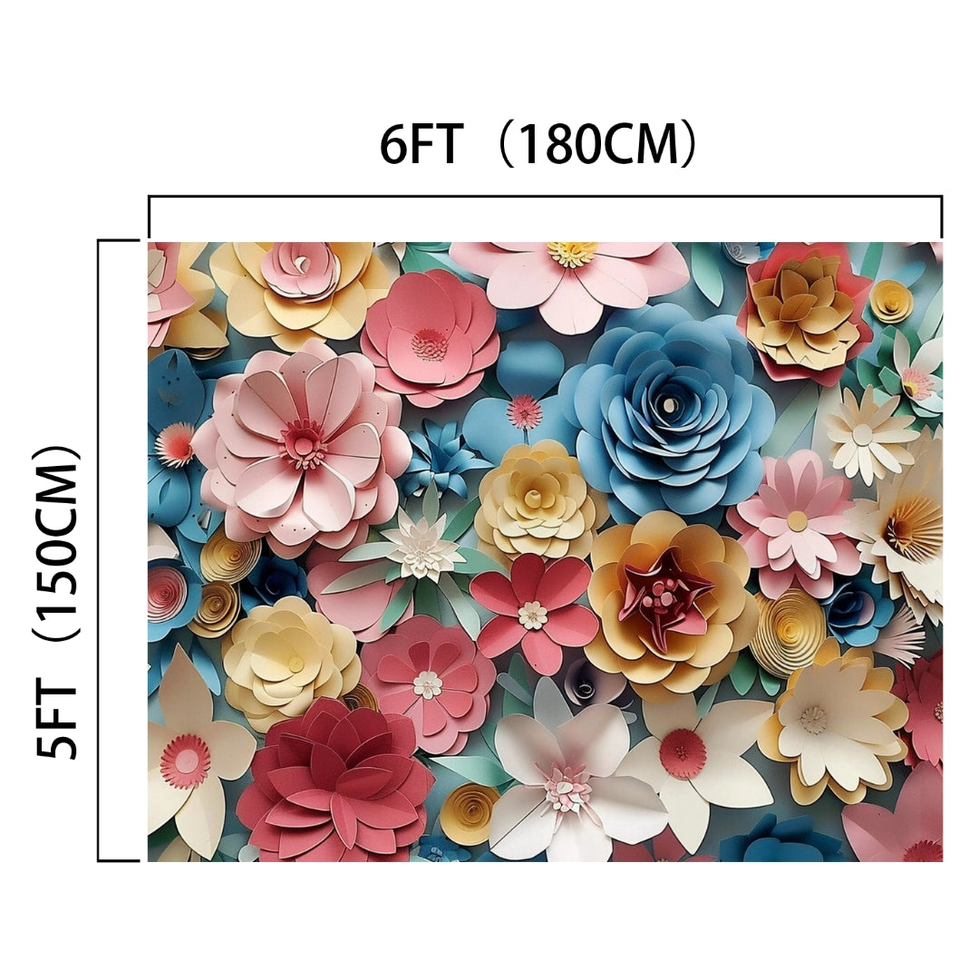 A stunning 5 feet by 6 feet HD Floral Backdrop covered with colorful paper flowers in shades of pink, blue, yellow, and white. This vibrant display is perfect for event organizers or wedding planners to add a touch of elegance, with measurements provided in both feet and centimeters. The "Paper Background Flower Backdrop for Photography -ideasbackdrop" by ideasbackdrop offers a beautiful solution that enhances the aesthetic appeal of any event.