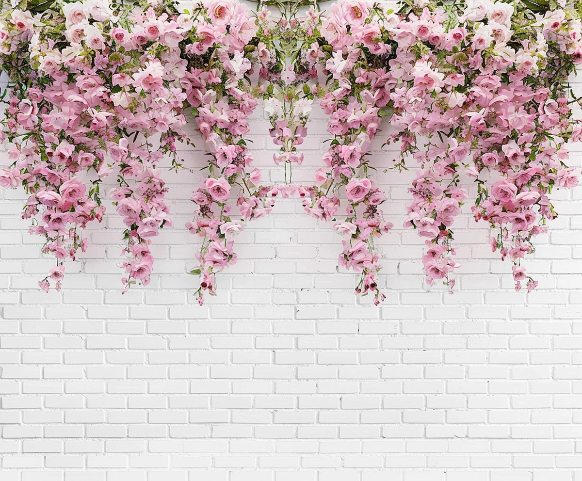 Pink Bridal Brick Romantic Floral Backdrop -ideasbackdrop hanging from the top edge against a white brick wall create a stunning floral backdrop, perfect for high-resolution engagement photos.