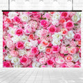 A Pink Floral Happy Birthday Backdrop for Party-ideasbackdrop by ideasbackdrop is displayed against a tiled floor and white brick wall, creating the perfect setting for stunning photography.