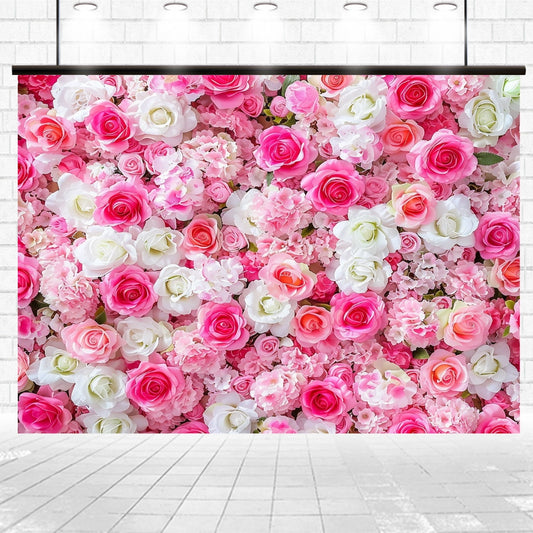 A Pink Floral Happy Birthday Backdrop for Party-ideasbackdrop by ideasbackdrop is displayed against a tiled floor and white brick wall, creating the perfect setting for stunning photography.