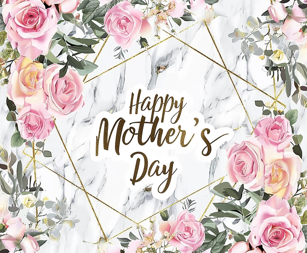 A "Happy Mother's Day" message in elegant cursive text, surrounded by a floral border of pink roses and greenery on a white marble backdrop with gold geometric accents, the Pink Floral Marble Happy Mother's Day Backdrop-ideasbackdrop by ideasbackdrop.