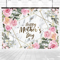 A "Pink Floral Marble Happy Mother's Day Backdrop-ideasbackdrop" by ideasbackdrop, with pink roses and green leaves on a white marble background with gold geometric lines, serving as the perfect reusable decoration for your Mother's Day decor.