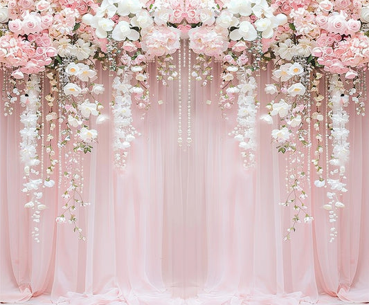 A Pink Flower Rose Blossom Wedding Backdrop-ideasbackdrop adorned with cascading pink and white flowers, enhanced by sheer pink fabric draped for a soft, romantic effect, perfect for a vibrant wedding theme.