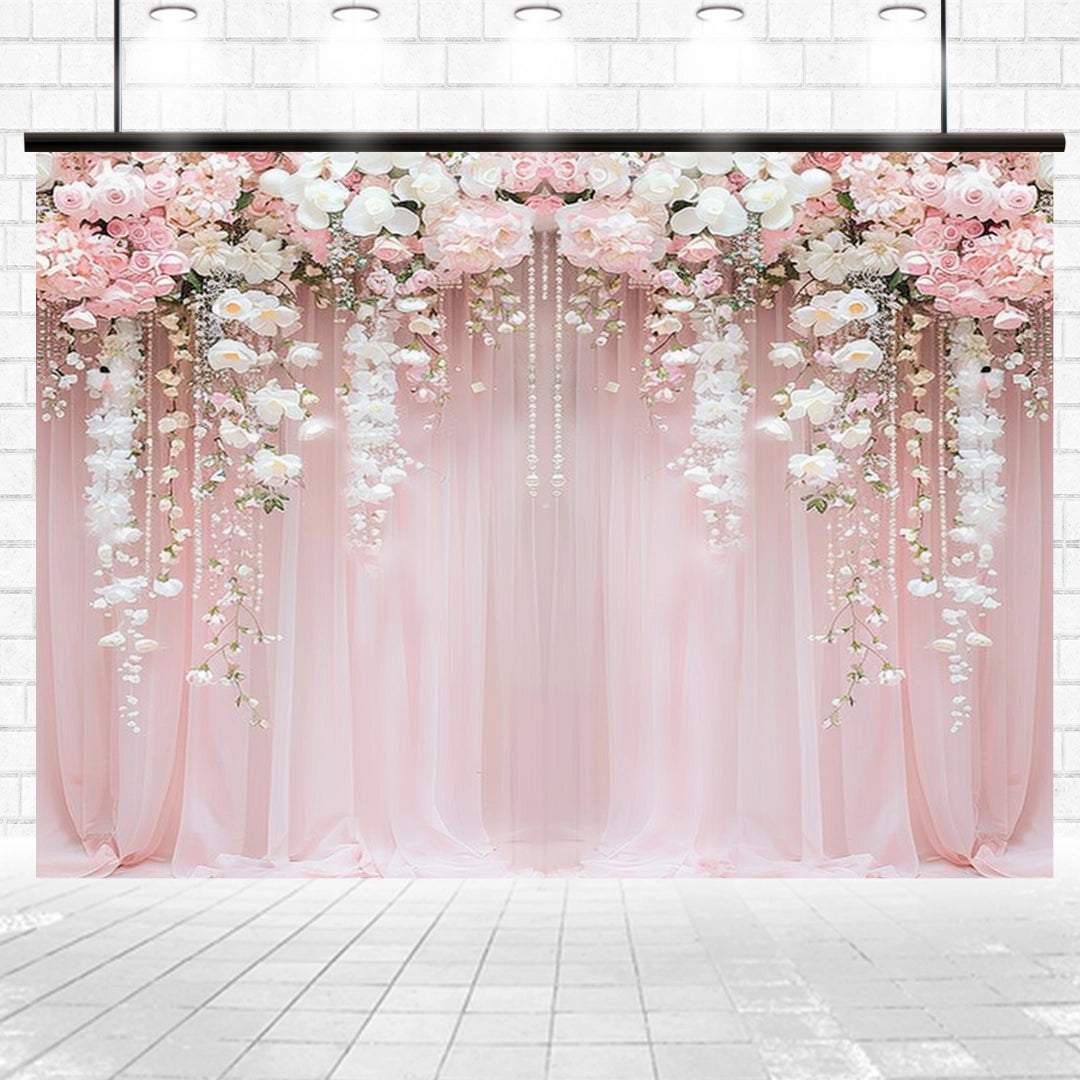 A Pink Flower Rose Blossom Wedding Backdrop-ideasbackdrop by ideasbackdrop, adorned with hanging white orchids, serves as the perfect wedding backdrop against a pristine white brick wall and tiled floor background.