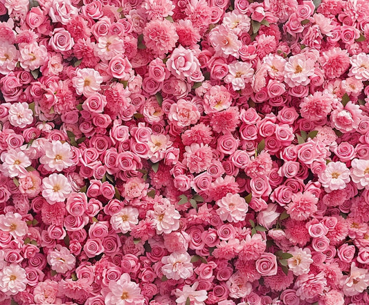 A dense arrangement of pink and white roses and carnations fills the entire frame, creating a lush, HD floral backdrop perfect for photo shoots or weddings. The product is called "Pink Flower Wedding Floral Wall Backdrop -ideasbackdrop" by ideasbackdrop.