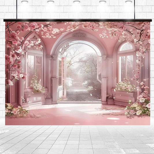 A romantic scene featuring an arched door and windows adorned with blooming flowers, enhanced by a Pink Flower Wedding Photography Backdrop -ideasbackdrop. Perfect for photo sessions or weddings, it showcases a sunlit path leading outside, all captured in soft pink hues.