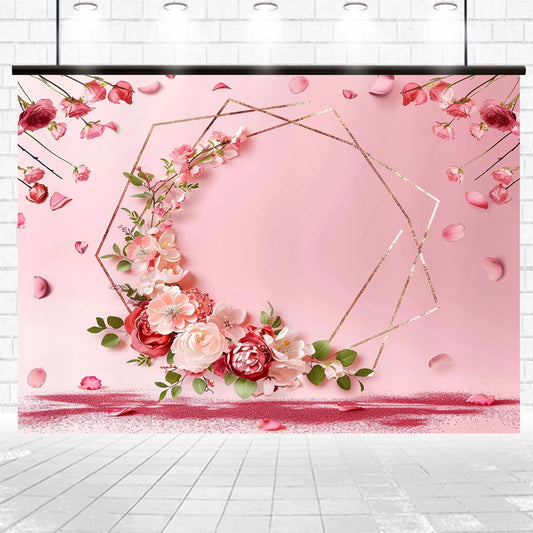 A Pink Glitter Wreath Wedding Floral Backdrop-ideasbackdrop featuring a geometric frame adorned with flowers and petals, set against a tiled floor and a brick wall, perfect for photo shoots with easy installation.