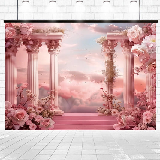 Experience an HD photo session with our stunning Pink Sky Photo Studio Props Floral Backdrop-ideasbackdrop by ideasbackdrop, featuring pink flowers, classical Greek-style columns, and a cloudy sky with pink hues, all set against a pristine white brick background.