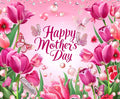 Happy Mother's Day" text surrounded by pink tulips, butterflies, and beads on a pink to white gradient HD backdrop, perfect for celebrating this special day. Product: Pink Tulip Butterfly Mothers Day Backdrop-ideasbackdrop by ideasbackdrop.