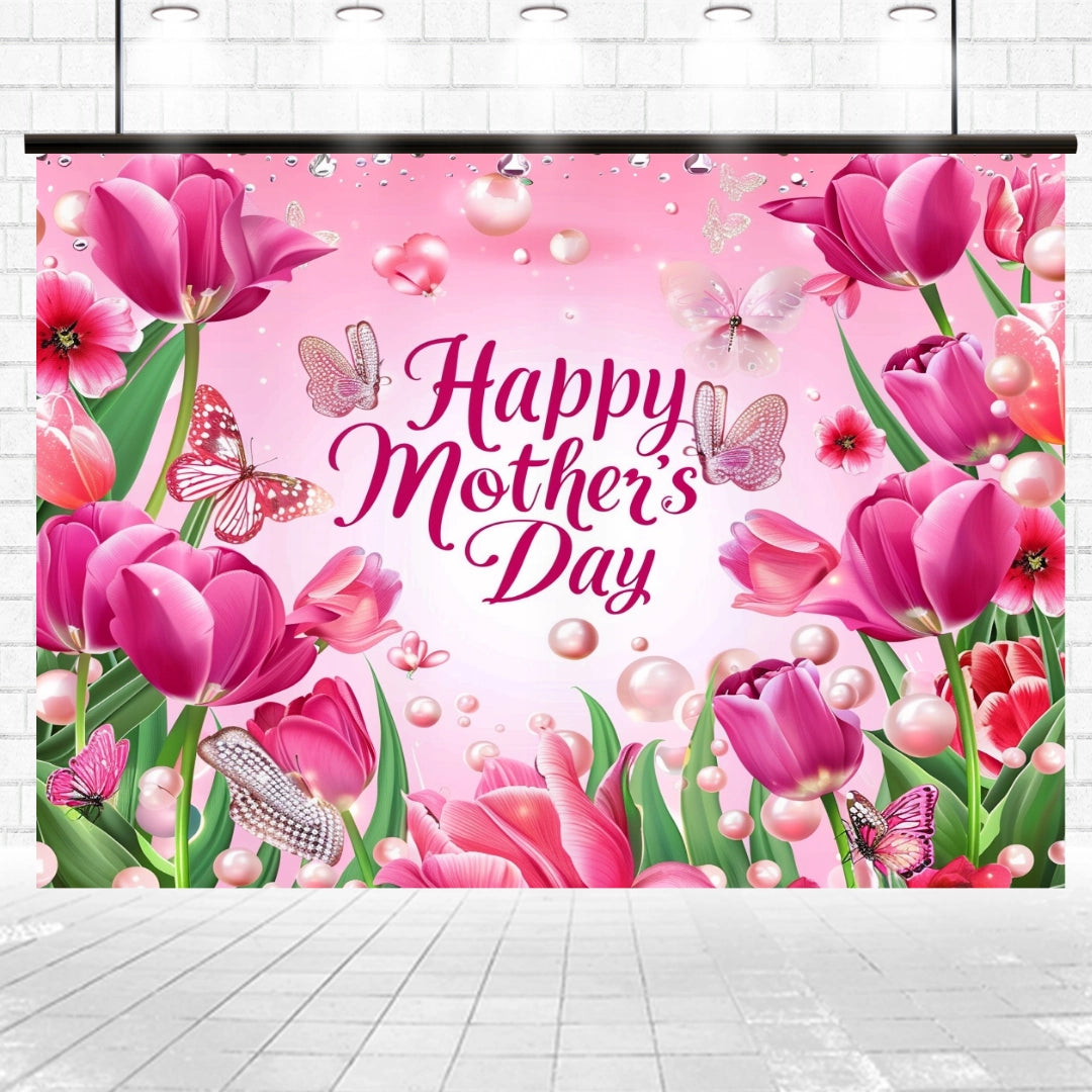 A Mother's Day poster with "Happy Mother's Day" text in the center, surrounded by pink flowers, butterflies, bubbles, and pearls against a pink background—perfect for a celebration or as an HD backdrop to honor the special day. The Pink Tulip Butterfly Mothers Day Backdrop-ideasbackdrop by ideasbackdrop could beautifully complement this occasion.