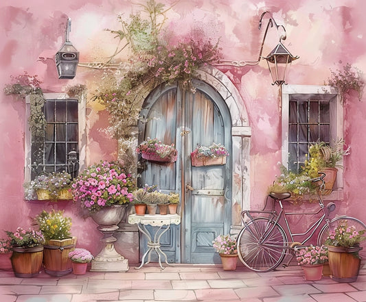 A charming scene with a rustic blue door, flanked by windows, surrounded by flower pots and vines. A vintage bicycle rests against the pink wall. Lanterns and greenery enhance the quaint ambiance of this themed environment, creating a dramatic decor perfect for an ideasbackdrop Pink Wall Flower Spring Nature Door Backdrop-ideasbackdrop.
