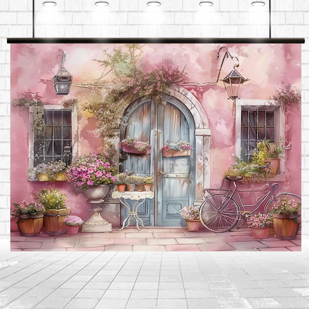 A rustic doorway surrounded by potted plants and flowers, with a bicycle leaning against the wall, creates an impactful decor set in front of a Pink Wall Flower Spring Nature Door Backdrop-ideasbackdrop by ideasbackdrop.