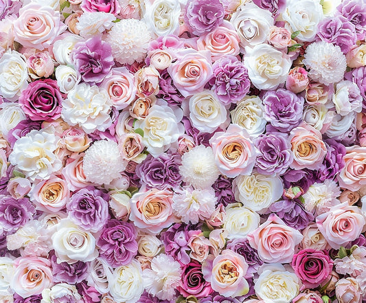 A dense assortment of roses and other flowers in shades of pink, purple, and white creates a vivid floral backdrop perfect to celebrate in style with the Pink White Violet Rose Bridal Shower Floral Backdrop - ideasbackdrop from ideasbackdrop.