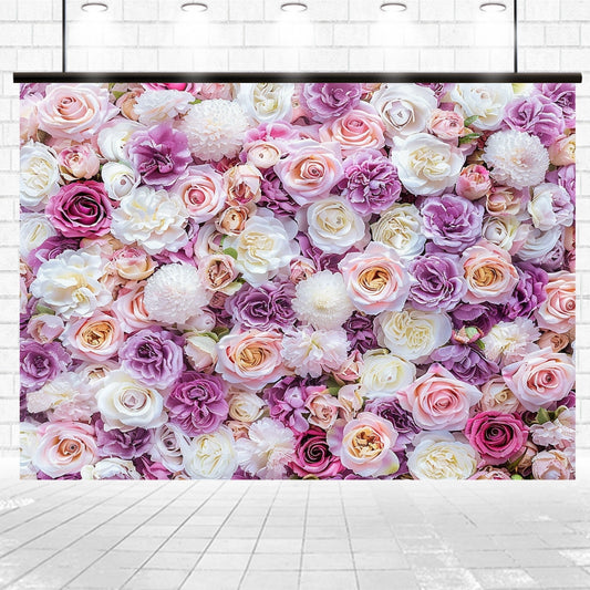 A large floral arrangement featuring an array of pink, purple, and white roses, peonies, and other flowers forms a stunning HD display set against a celebratory backdrop with a tiled floor and wall: the Pink White Violet Rose Bridal Shower Floral Backdrop by ideasbackdrop.