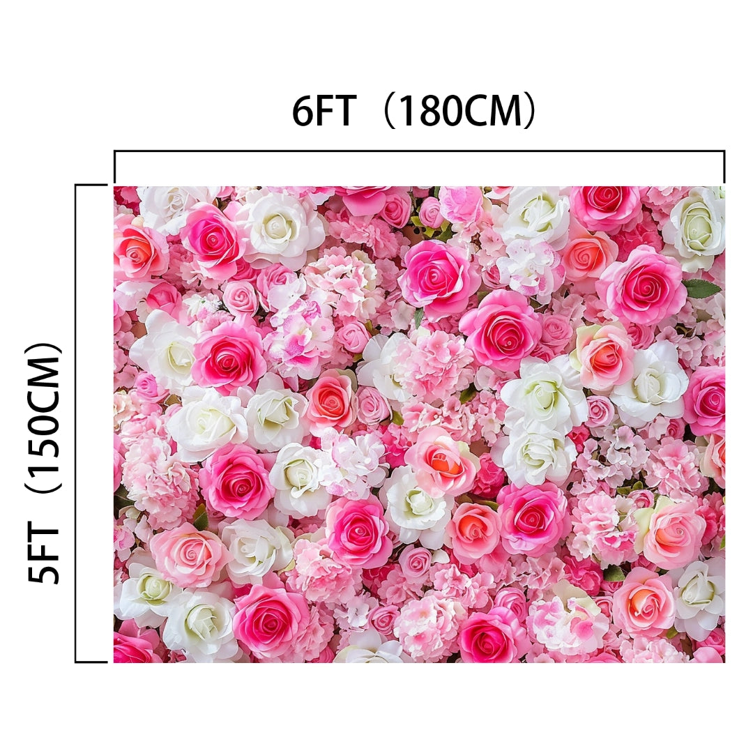 Description: Photo of a vivid floral backdrop measuring 6 feet by 5 feet, featuring a dense arrangement of pink, white, and light pink roses—perfect for creating memorable backdrops for stunning photography. Product Name: Pink Floral Happy Birthday Backdrop for Party-ideasbackdrop Brand Name: ideasbackdrop