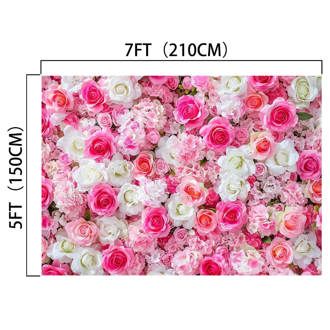The Pink Floral Happy Birthday Backdrop for Party-ideasbackdrop is a rectangular setting measuring 7 feet (210 cm) by 5 feet (150 cm), featuring an assortment of pink and white flowers, perfect for creating memorable backdrops by ideasbackdrop.