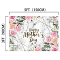 A banner with "Happy Mother's Day" text in the center, surrounded by pink, peach, and green floral designs on a marbled background. This HD vivid backdrop measures 5 feet by 3 feet (150 cm by 90 cm) and is perfect for reusable Mother's Day decor. Introducing the **Pink Floral Marble Happy Mother's Day Backdrop-ideasbackdrop** by **ideasbackdrop**!