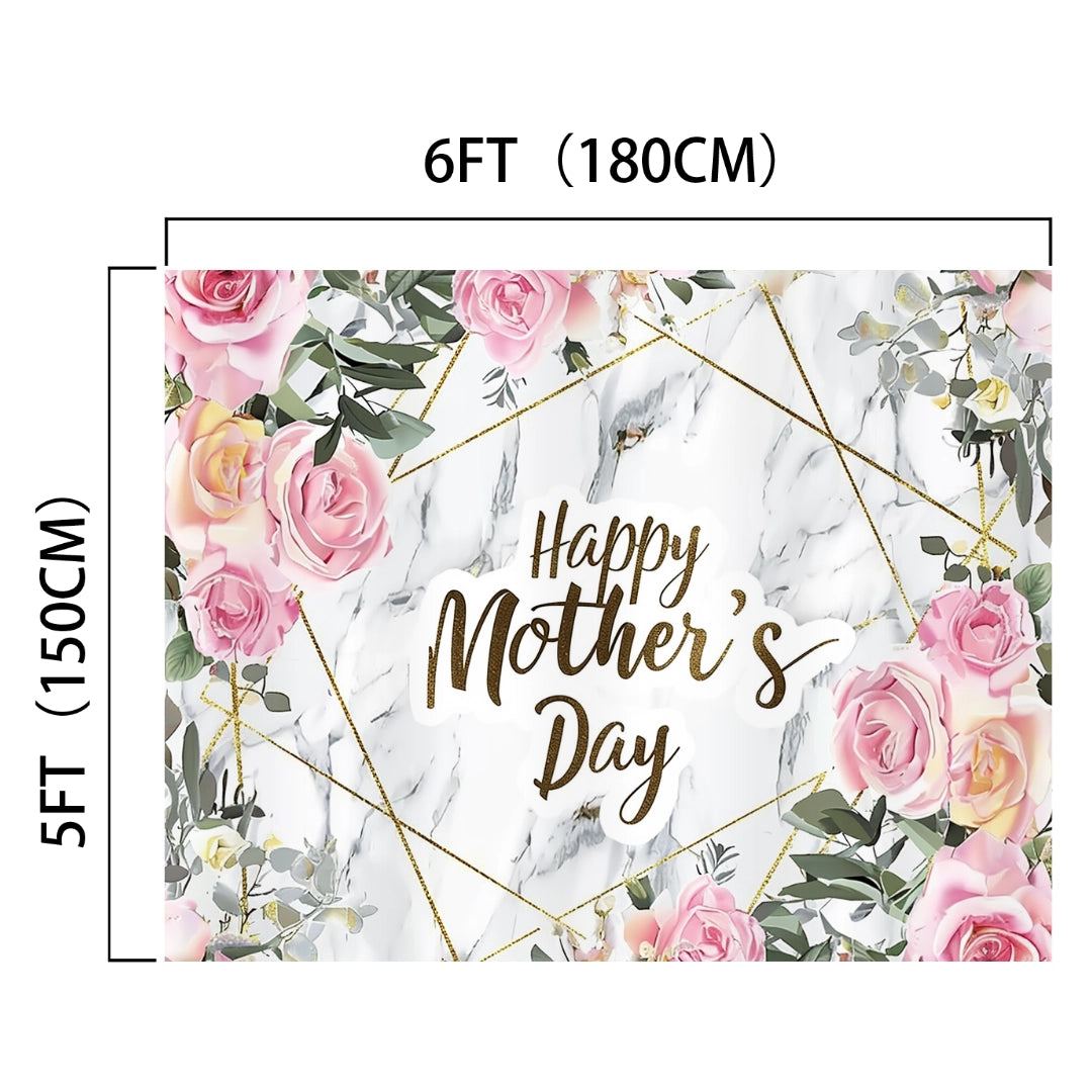 A reusable rectangular banner measuring 6 feet by 5 feet, featuring "Happy Mother's Day" in the center, surrounded by pink and white roses and green leaves. This Pink Floral Marble Happy Mother's Day Backdrop-ideasbackdrop by ideasbackdrop is perfect for your Mother's Day decor.