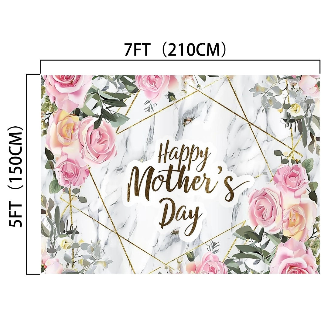 A Pink Floral Marble Happy Mother's Day Backdrop-ideasbackdrop by ideasbackdrop measuring 7 feet by 5 feet, with "Happy Mother's Day" written in the center in gold text, surrounded by pink roses and greenery. This HD vivid backdrop is perfect for all your Mother’s Day decor needs, and it's reusable for future celebrations.