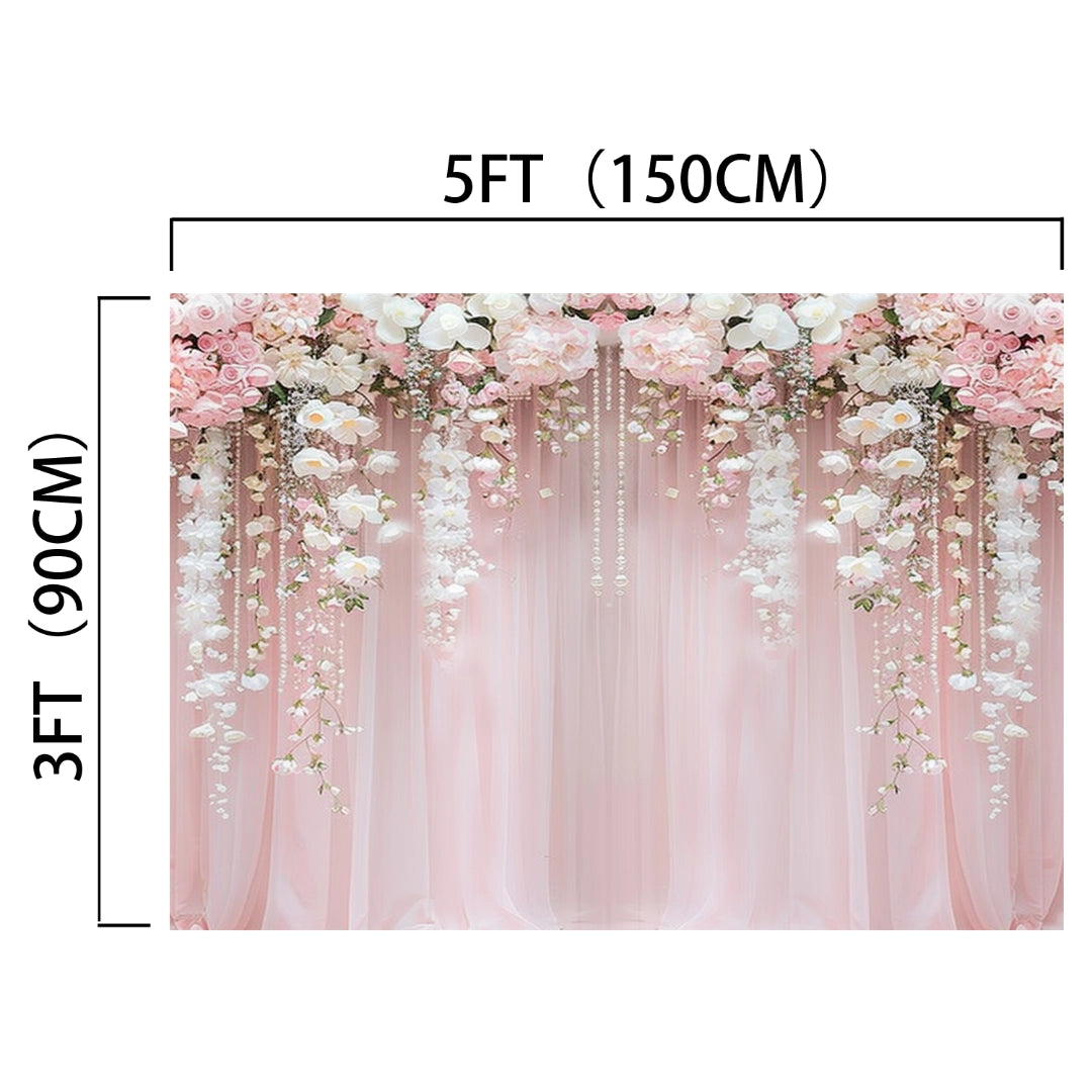 Backdrop with pink and white flowers, dimensions 5 feet by 3 feet, against a pink curtain. This Pink Flower Rose Blossom Wedding Backdrop-ideasbackdrop by ideasbackdrop boasts vibrant colors, perfect for enhancing any wedding theme.