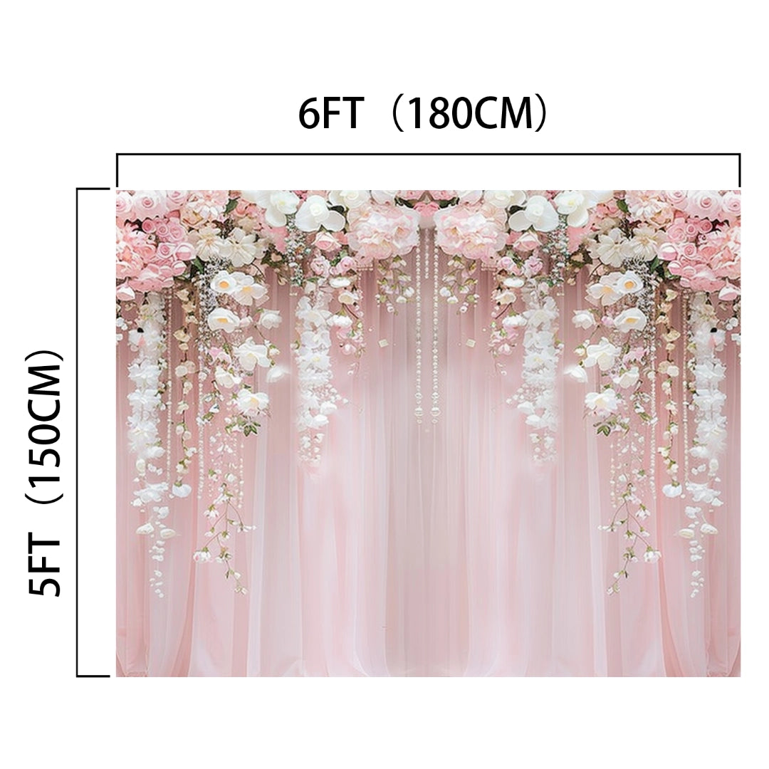 A vibrant wedding theme **Pink Flower Rose Blossom Wedding Backdrop-ideasbackdrop** measuring 6 feet wide and 5 feet high, featuring pink and white flowers with draping elements from **ideasbackdrop**.