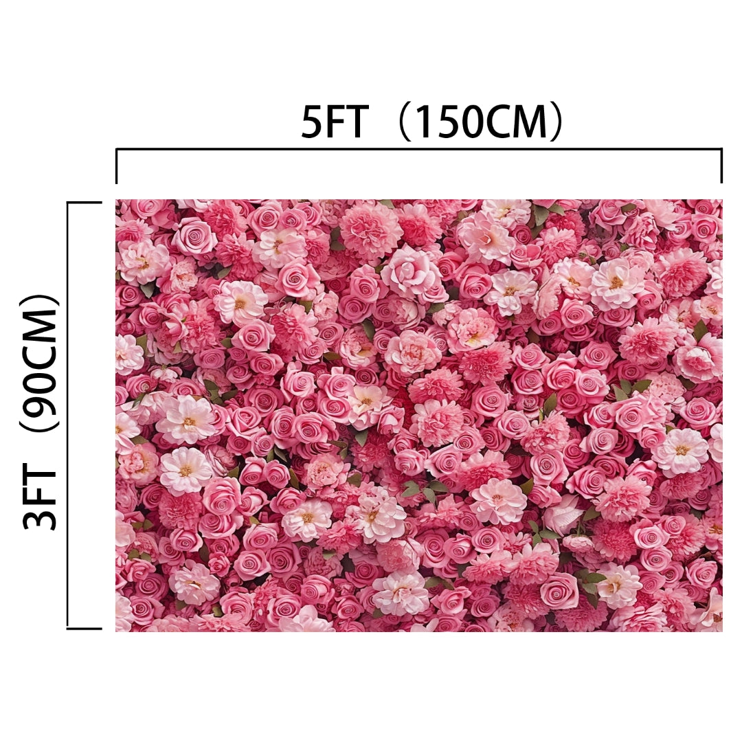 A stunning HD Pink Flower Wedding Floral Wall Backdrop -ideasbackdrop measuring 5 feet (150 cm) wide and 3 feet (90 cm) high, perfect for weddings or photo shoots, featuring a dense arrangement of pink and white flowers by ideasbackdrop.