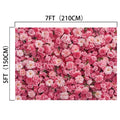 A rectangular arrangement of pink flowers measuring 7 feet (210 cm) wide and 5 feet (150 cm) tall is shown, perfect for photo shoots and weddings as the Pink Flower Wedding Floral Wall Backdrop -ideasbackdrop by ideasbackdrop.