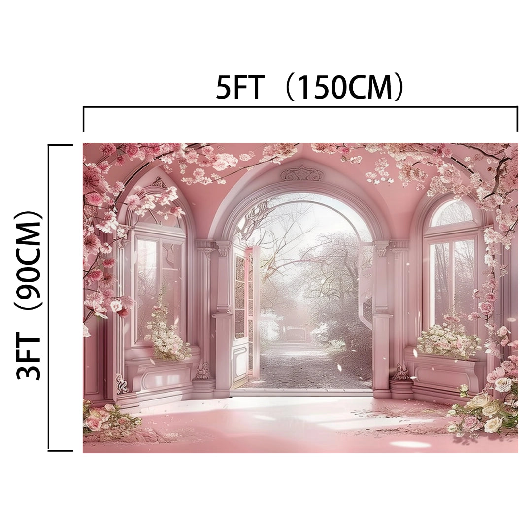 A 5ft by 3ft Pink Flower Wedding Photography Backdrop -ideasbackdrop depicting a pink-arched doorway opening to a cherry blossom garden with flowering branches and a path leading into the distance, perfect for elegant celebrations.