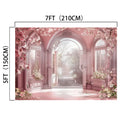 Backdrop with measurements of 7 feet by 5 feet, depicting an ornate arched window with stunning floral patterns and a view of a garden path. The Pink Flower Wedding Photography Backdrop -ideasbackdrop is predominantly pink, featuring floral and garden elements, perfect for elegant celebrations.