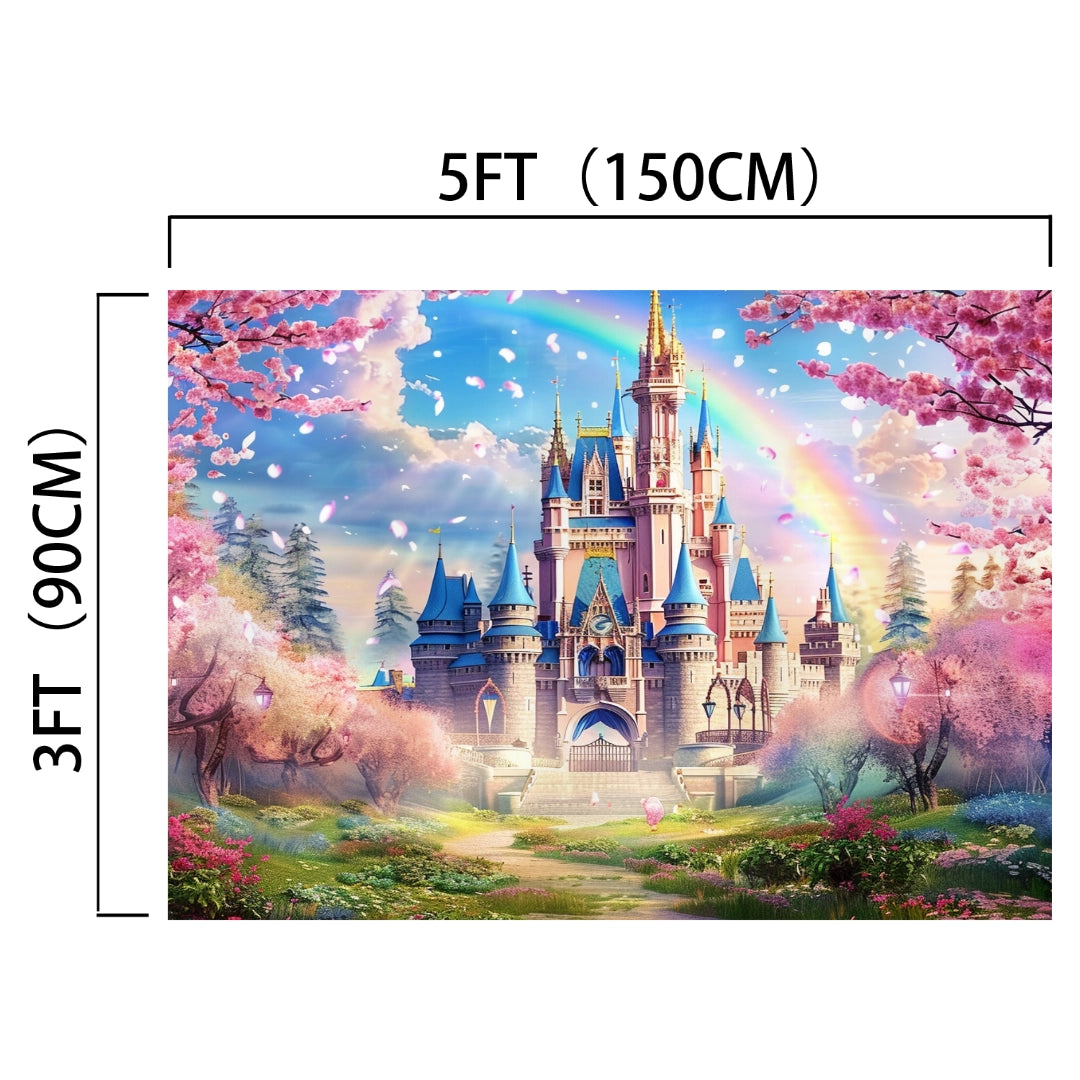 A castle with medieval grandeur stands majestically against a Pink Sakura Flowers Princess Castle Backdrop-ideasbackdrop, with a radiant rainbow arching through the sky.