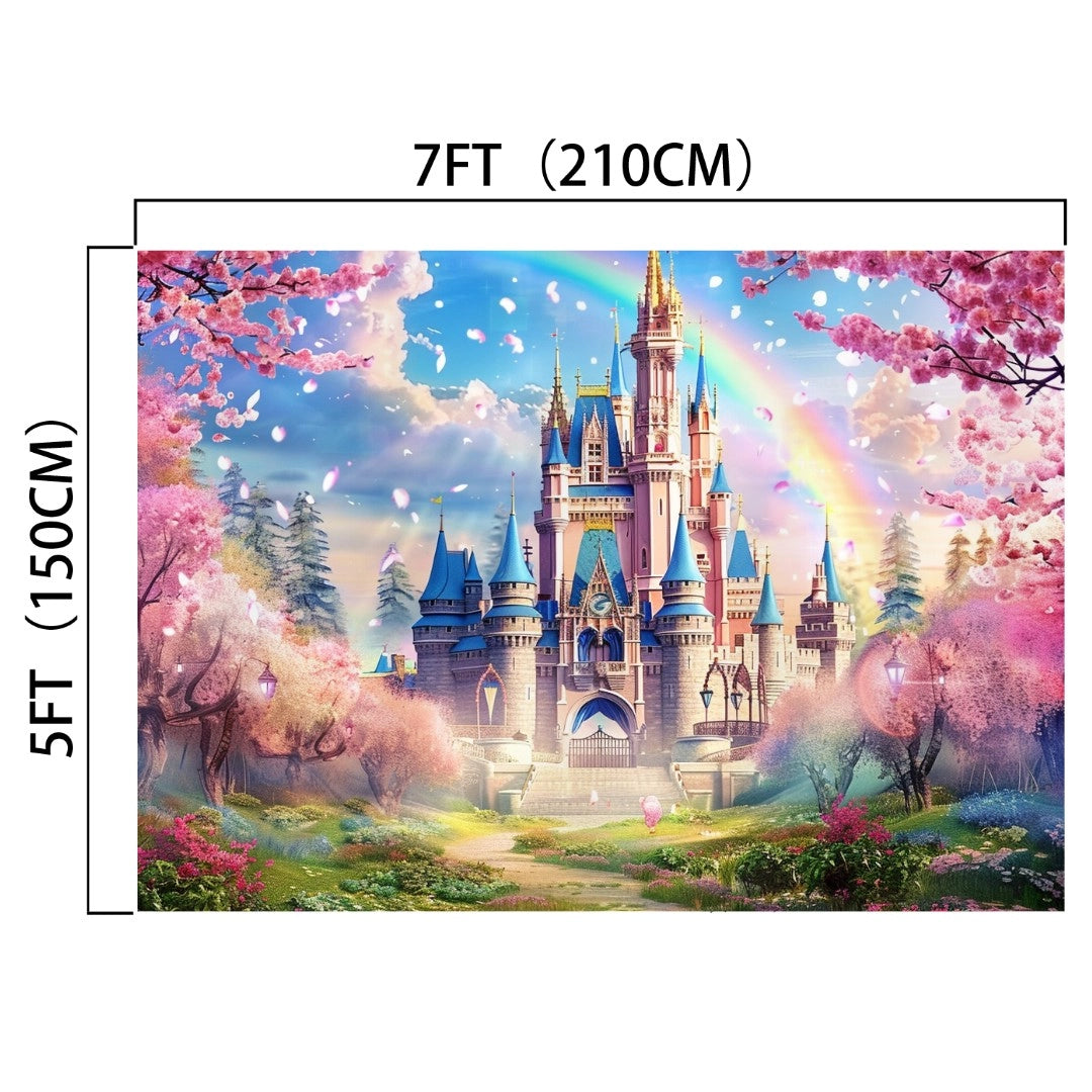 A castle with medieval grandeur stands majestically against a Pink Sakura Flowers Princess Castle Backdrop-ideasbackdrop, with a radiant rainbow arching through the sky.