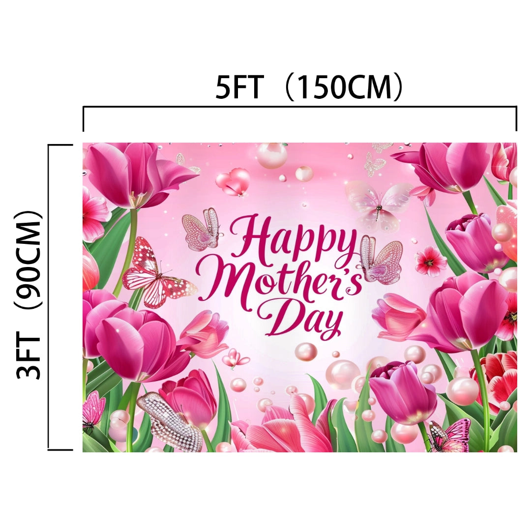 A vivid Mother's Day backdrop with a pink background, featuring flowers, butterflies, and bubbles. The text reads "Happy Mother's Day." Perfect for a celebration of love, the dimensions are 5 feet by 3 feet, or 150 cm by 90 cm. Introducing the Pink Tulip Butterfly Mothers Day Backdrop-ideasbackdrop by ideasbackdrop.