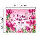 A 6ft by 5ft ideasbackdrop Pink Tulip Butterfly Mothers Day Backdrop-ideasbackdrop featuring vivid colors with pink tulips, butterflies, and pearls on a pink background. The text "Happy Mother's Day" graces the center, perfect for a celebration of love.