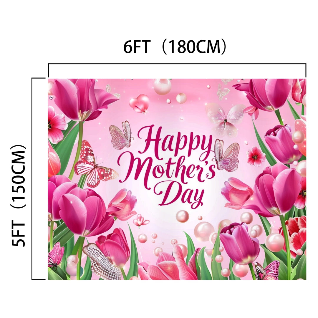 A 6ft by 5ft ideasbackdrop Pink Tulip Butterfly Mothers Day Backdrop-ideasbackdrop featuring vivid colors with pink tulips, butterflies, and pearls on a pink background. The text "Happy Mother's Day" graces the center, perfect for a celebration of love.