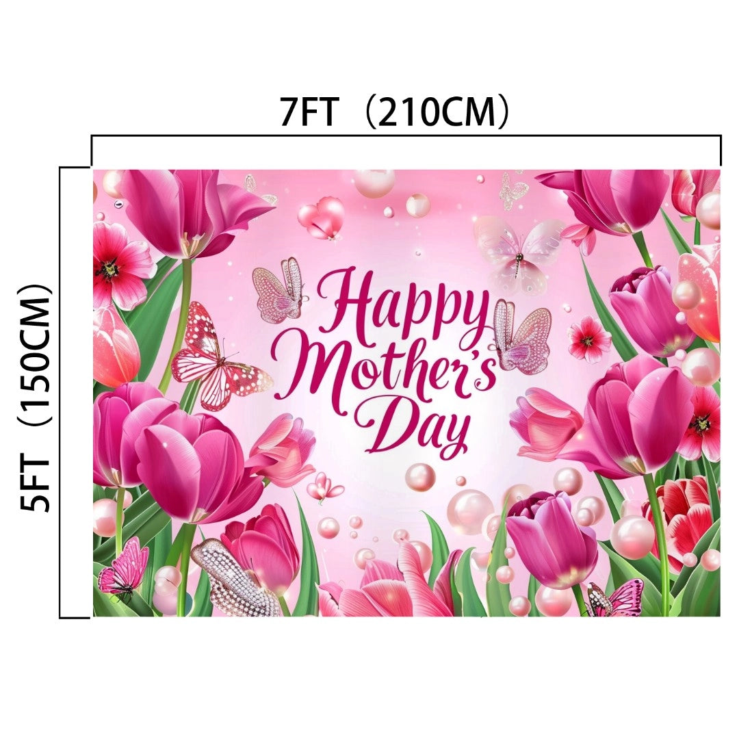 A Pink Tulip Butterfly Mothers Day Backdrop-ideasbackdrop by ideasbackdrop featuring vivid colors, tulips, butterflies, and the text "Happy Mother's Day" with dimensions 7FT (210CM) by 5FT (150CM) makes for a perfect celebration of love.