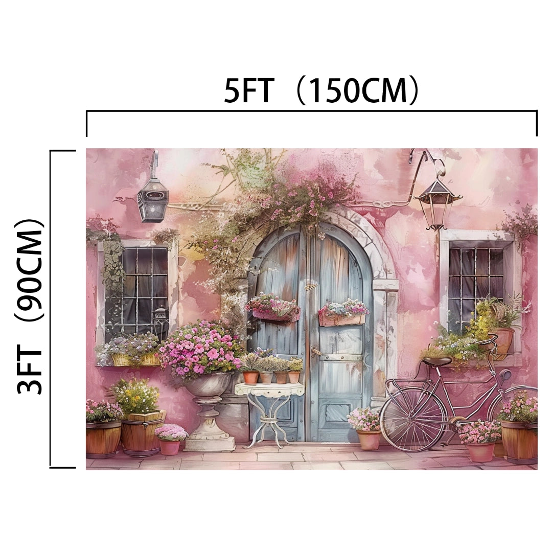 A dramatic HD door backdrop showcasing a rustic door enveloped by flowers, potted plants, and a bicycle against a pink wall, measuring 5 feet by 3 feet (150 cm by 90 cm). Perfect for adding stunning photo backdrop elements to any space. Introducing the Pink Wall Flower Spring Nature Door Backdrop-ideasbackdrop from ideasbackdrop.