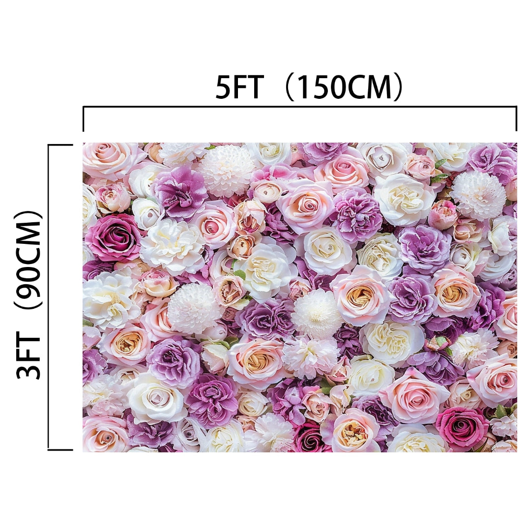 A vivid **HD floral backdrop** made up of various pink, purple, and white flowers measuring 5 feet (150 cm) wide and 3 feet (90 cm) tall is known as the **Pink White Violet Rose Bridal Shower Floral Backdrop -ideasbackdrop** by **ideasbackdrop**.