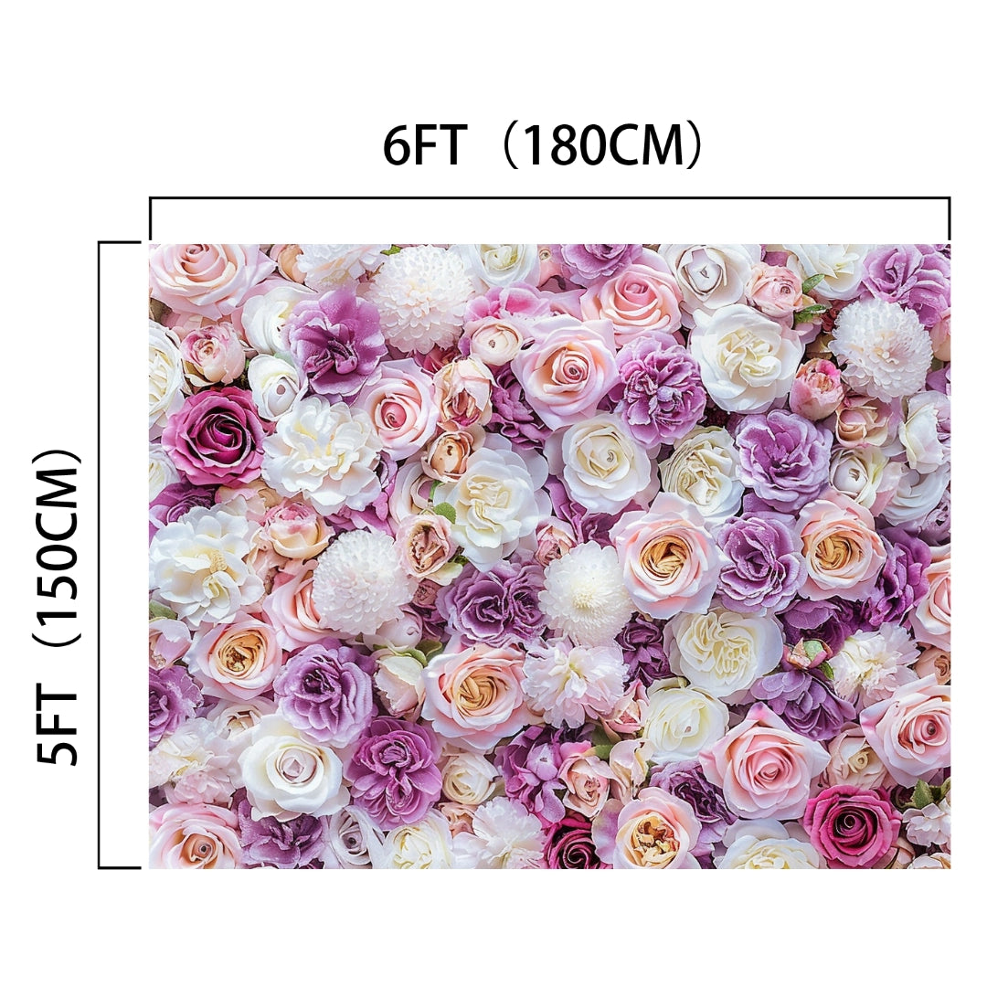 A 6ft x 5ft (180cm x 150cm) Pink White Violet Rose Bridal Shower Floral Backdrop -ideasbackdrop with a variety of pink and white flowers, creating a vivid HD floral backdrop perfect for any celebration from ideasbackdrop.