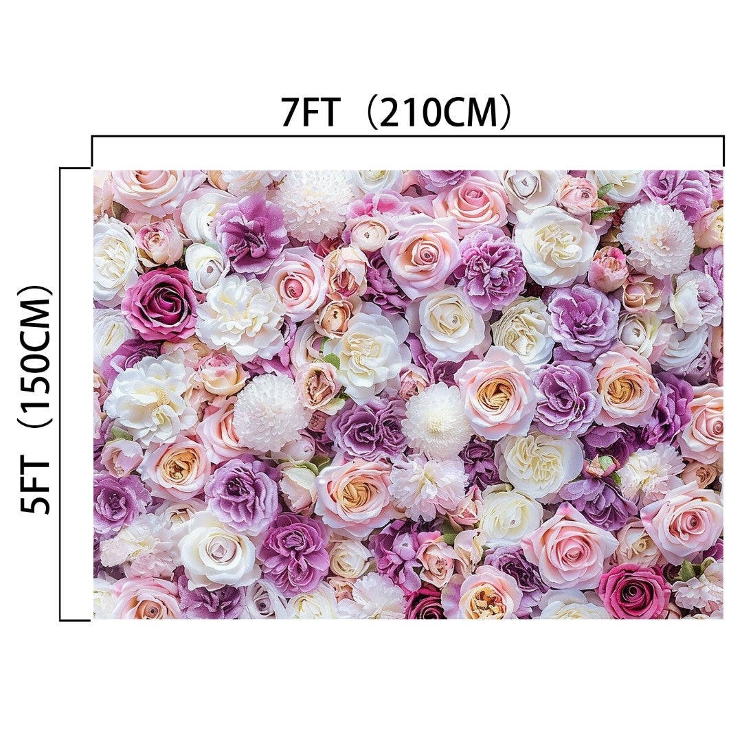 Pink White Violet Rose Bridal Shower Floral Backdrop -ideasbackdrop measuring 7 feet by 5 feet (210 centimeters by 150 centimeters) featuring a mix of pink, purple, and white roses and flowers—perfect for any celebration.