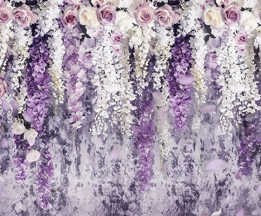 A hanging floral arrangement featuring various shades of purple and white roses, wisteria, and cascading blooms against a high-definition detail mottled purple and white background. This Purple Flowers Curtain Wedding Backdrop-ideasbackdrop by ideasbackdrop adds sophistication to the wedding day elegance.