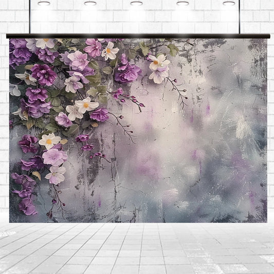 A wall mural featuring a floral design with purple and white flowers and green leaves against a textured, neutral-toned backdrop creates a **Purple Lilac Blooming Wall Flower Backdrop -ideasbackdrop**, perfect for a professional photography session.