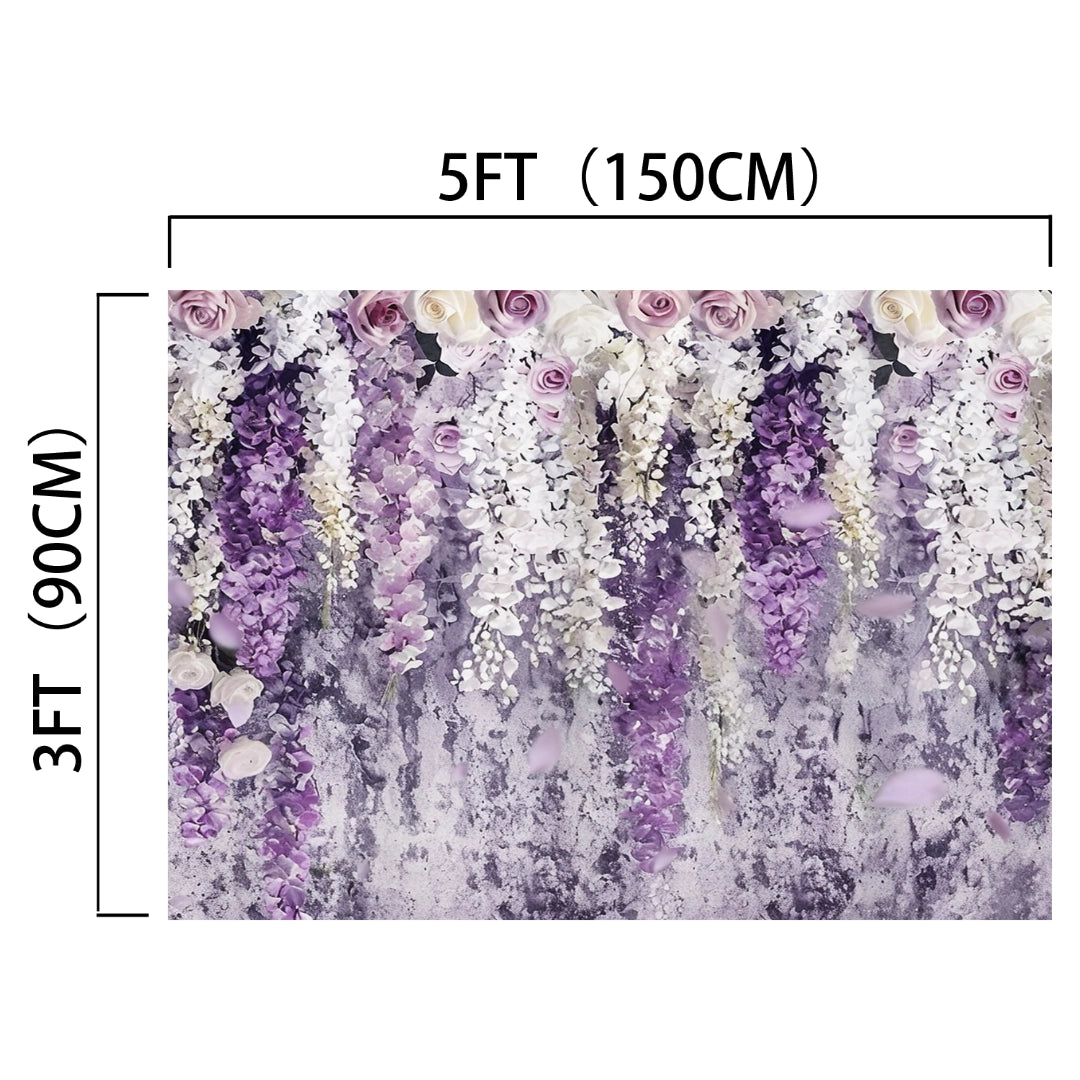 A 5-foot by 3-foot Purple Flowers Curtain Wedding Backdrop-ideasbackdrop featuring cascading purple, white, and pink flowers against a textured gray and white background adds an air of wedding day elegance.