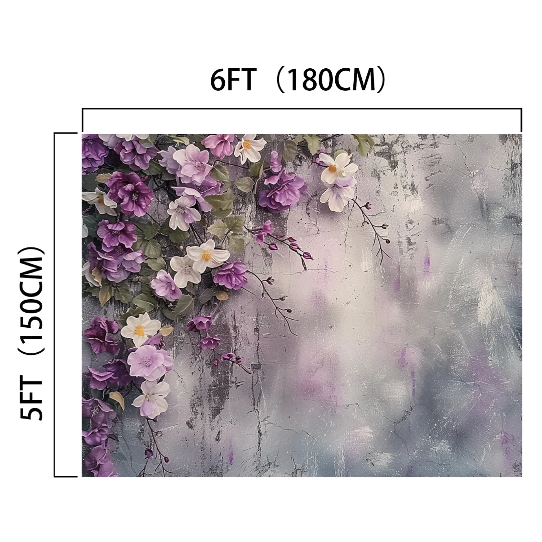 Experience a botanical oasis with our Purple Lilac Blooming Wall Flower Backdrop - ideasbackdrop, measuring 6 feet (180 cm) wide and 5 feet (150 cm) tall. It features purple and white flowers on a textured, abstract grey background, creating a stunning floral masterpiece.
